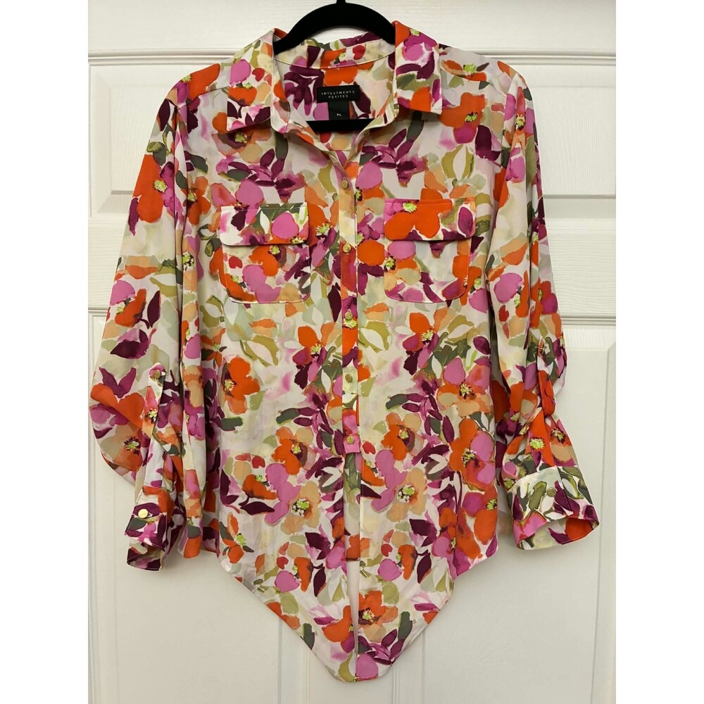 Investments Petites PL Floral Button Front Blouse Top Long Sleeve Polyester